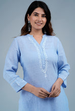 Load image into Gallery viewer, HAMSI Linen Cotton Long/Short Kurta with hand embroidered Chikankari