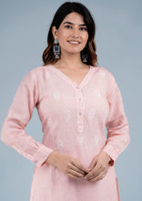 Load image into Gallery viewer, KALAPI- Linen Cotton Long Kurta/tunic with hand embroidered Chikankari