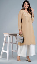 Load image into Gallery viewer, Sadhya Linen Cotton Long Kurta/tunic with hand embroidered Chikankari