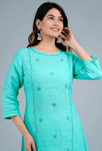 Load image into Gallery viewer, JUHI Linen Cotton Long Kurta/tunic with hand embroidered Chikankari