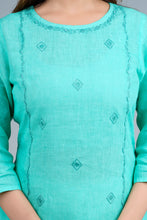 Load image into Gallery viewer, JUHI Linen Cotton Long Kurta/tunic with hand embroidered Chikankari