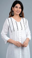 Load image into Gallery viewer, PIPPA Linen Cotton Long Kurta/tunic with hand embroidered Chikankari