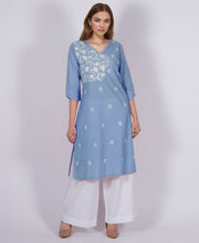 Load image into Gallery viewer, GODAVARI Pure Cotton Hand Embroidered Shibori Long Tunic Kurta Dress: Made to Order/Customizable