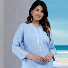 Load image into Gallery viewer, HAMSI Linen Cotton Long/Short Kurta with hand embroidered Chikankari