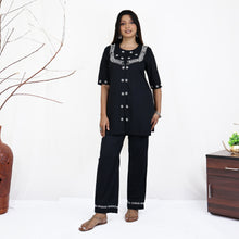 Load image into Gallery viewer, Falguni Black Pure Cotton Round Neck, Pearl Embroidered Kurti Pant set Regular and Plus Sizes