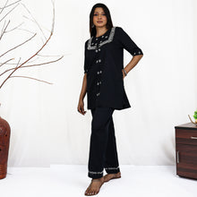 Load image into Gallery viewer, Falguni Black Pure Cotton Round Neck, Pearl Embroidered Kurti Pant set Regular and Plus Sizes
