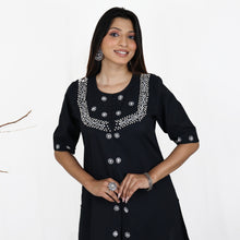 Load image into Gallery viewer, Falguni Black Pure Cotton Round Neck, Pearl Embroidered Kurti Pant set Regular and Plus Sizes