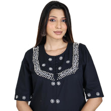 Load image into Gallery viewer, Falguni Black Pure Cotton Round Neck, Pearl Embroidered Kurti Pant set Regular and Plus Sizes