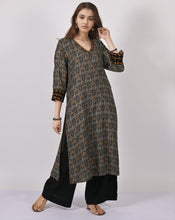 Load image into Gallery viewer, KASI Cotton Block Printed Long Kurti/tunic with hand embroidered Chikankari