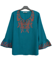 Load image into Gallery viewer, Tia Embroidered Viscose Rayon Blouse with Bell Sleeves