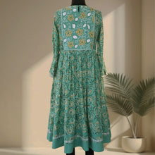 Load image into Gallery viewer, BHAVYA Green Block Printed Cotton Hand Embroidery Kurta Dress