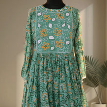 Load image into Gallery viewer, BHAVYA Green Block Printed Cotton Hand Embroidery Kurta Dress
