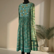 Load image into Gallery viewer, BHAVYA Green Block Printed Cotton Hand Embroidery Kurta Dress