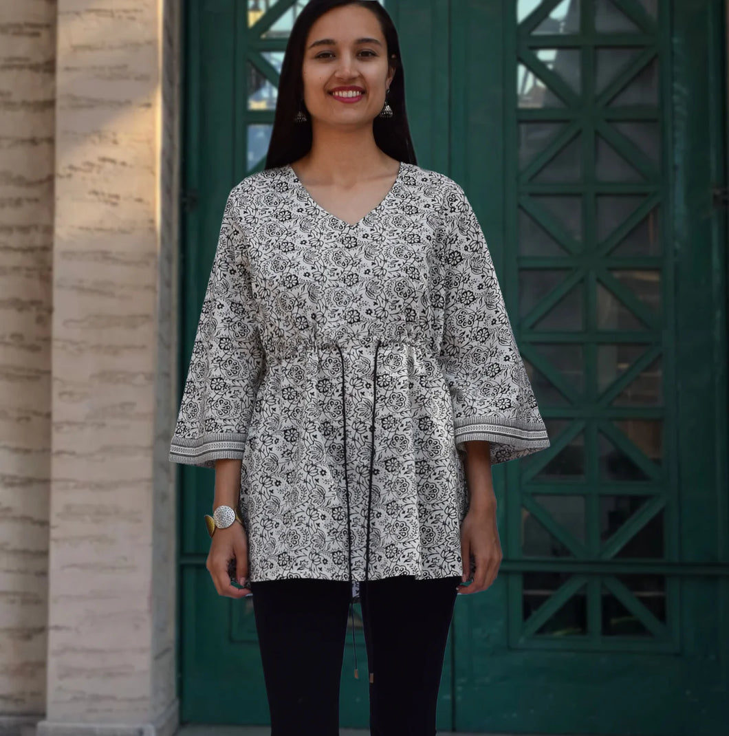 AKSHA Printed Pure Cotton Bell Sleeve Kimono Tunic Top, Regular and Plus Sizes