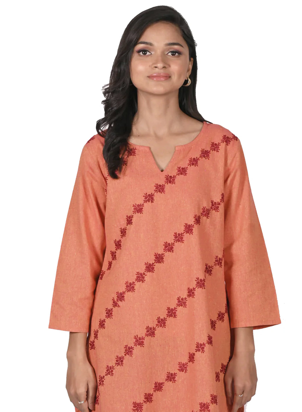 DHARA Two-Tone Cotton Blend Tunic Top with Hand Embroidery