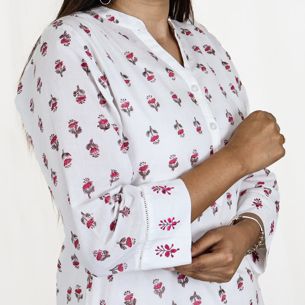 DORA Cotton, Block Print, Hand Embroidery & Lace Work  Kurta with Hand Embroidery Pants