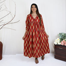 Load image into Gallery viewer, SRISHTI Pure Cotton Block Print, Red Long Tunic/Kurta Dress  Regular and Plus Sizes
