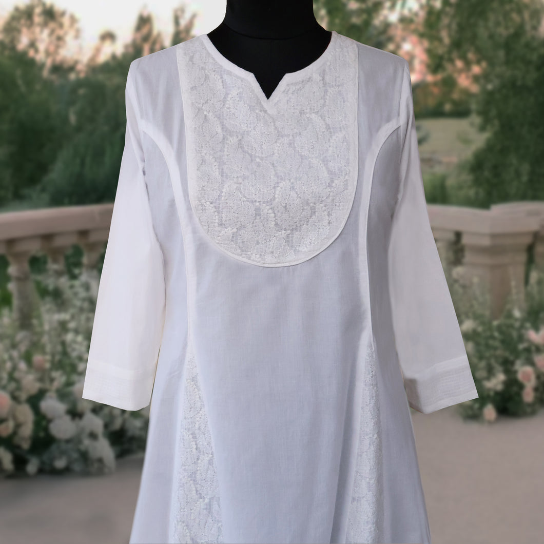 JIYA White Cotton Hand Embroidered Kurta/ Tunic Dress
