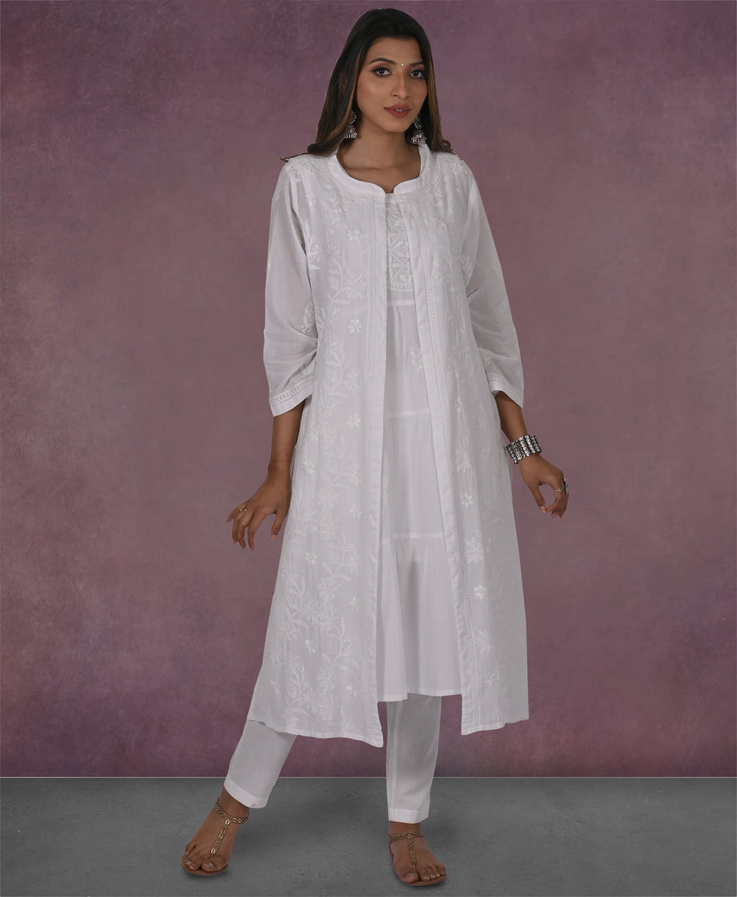 URVI 100% Cotton Hand Embroidered Chinkankari Long Kurta , Three Pcs. Suit Set