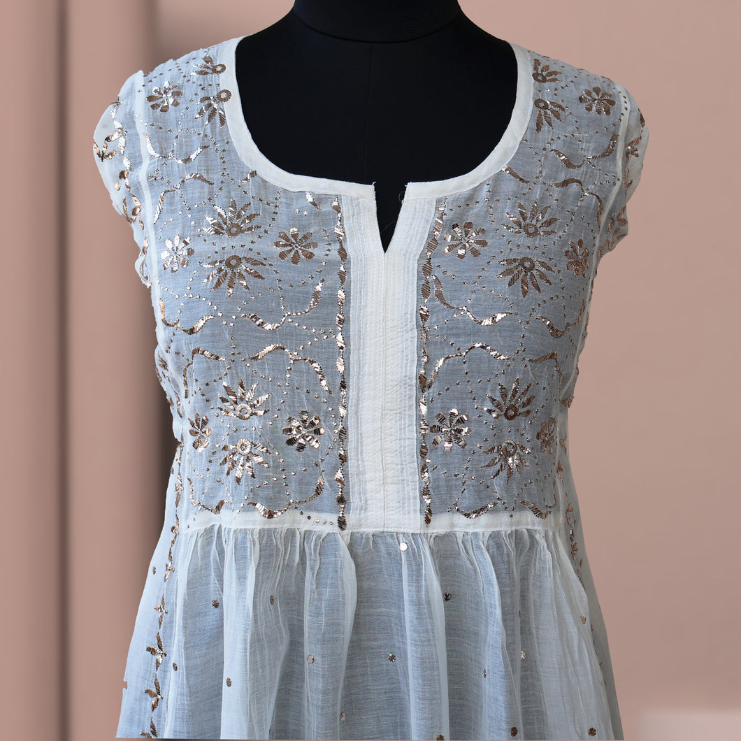 Vaishali Mul Chanderi Hand Embroidered/Chikankari Semi-stitched Dress Set; Made to Order/ Customizable