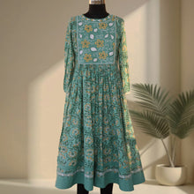 Load image into Gallery viewer, BHAVYA Green Block Printed Cotton Hand Embroidery Kurta Dress
