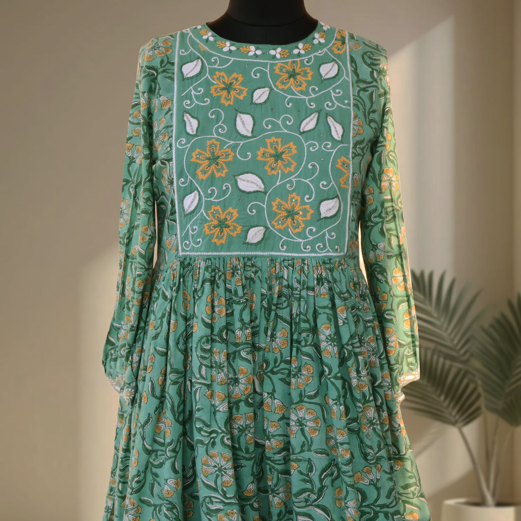 BHAVYA Green Block Printed Cotton Hand Embroidery Kurta Dress