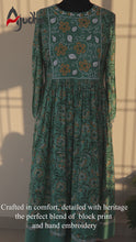 Load and play video in Gallery viewer, BHAVYA Green Block Printed Cotton Hand Embroidery Kurta Dress
